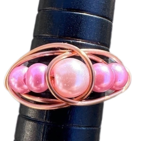 Handmade Jewelry - Handmade pink faux pearl copper ring